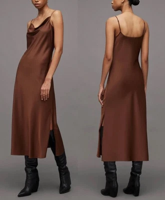 Nuevo $199 All Saints Hadley Capucha Cuello Satinado Vestido Maxi Bronce Marrón talla 6 Foto 1 de 4