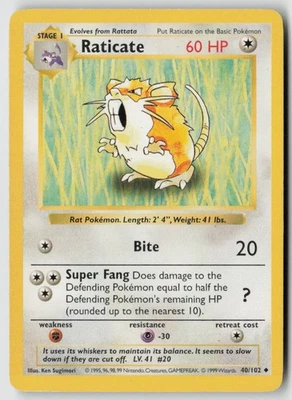 Raticate 040/102 - Base Set (Shadowless) Unlimited - PTCG - LP - Image 1 of 2