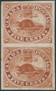 1859, CANADA FIRST CENTS BEAVER 5C VERMILION, VERT PAIR OF PLATE PROOFS, U#15TCi - Picture 1 of 2