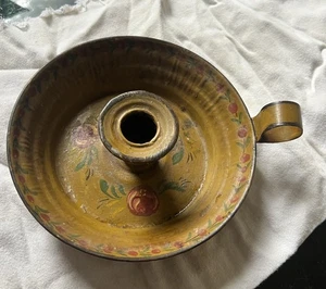 Antique Country Metal Tin Hand Painted Tole Folk Art Chamber Candleholder C 1890 - Picture 1 of 8