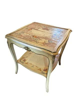 Antiga mesa de centro barroca pintada à mão floral madeira maciça ornamentada 24”L x 26”H - Imagem 1 de 4