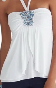 White House Black Market blau Strass weiß Neckholder Top Gr. XXS neu mit Etikett - Bild 1 von 6