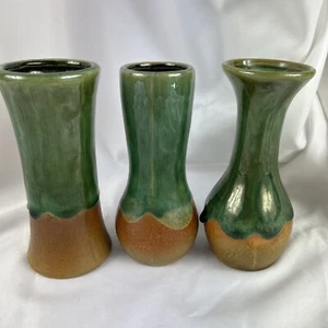 Art Pottery Bud Vase Set Of 3 Green Brown 5.5” Vintage Crazing - Picture 1 of 6