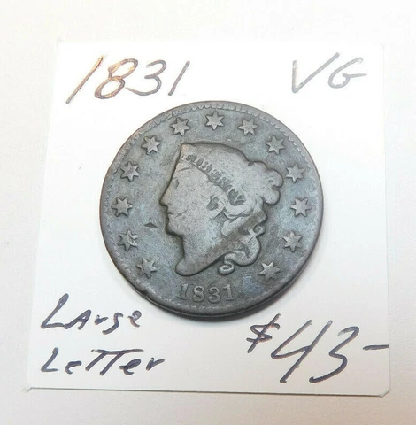 1831 V.G. CHOCOLATE BROWN ORIGINAL MATRON HEAD U.S. LARGE CENT - LARGE LETTER!! Cover