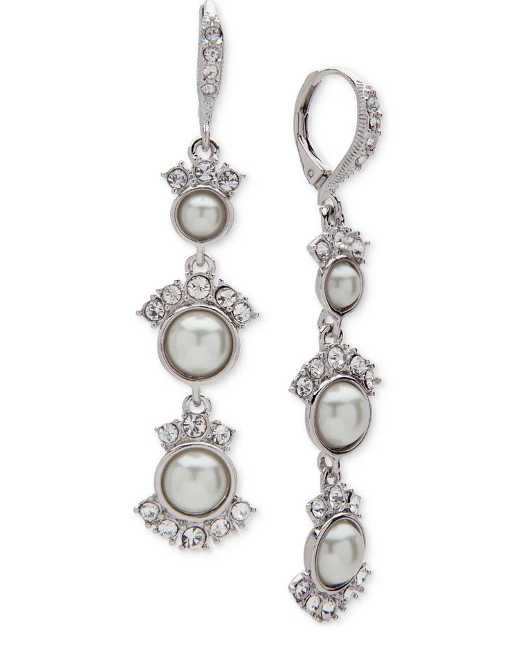 Givenchy Silver Tone Crystal & Imitation Pearl Linear Drop Earrings V 106