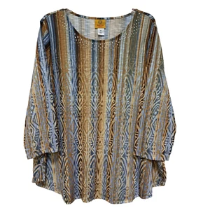 Ruby Rd Womens 1X Top Shirt Tunic Artsy 3/4 Sleeve Metal Accent Casual Brown Gre - Picture 1 of 5