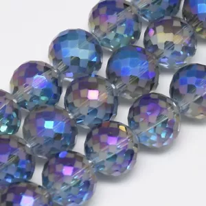 2x Rainbow Frosted Faceted Round Royal Blue Electroplate Glass Beads Strand 12mm - Picture 1 of 2