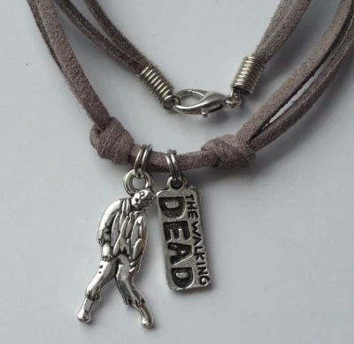 Leather Necklace Walking Dead Zombie Inspiration Pendant Men's Woman Choker Gray - Image 1 of 4