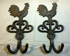 SET OF 2 ROOSTER DOUBLE HOOKS rustic brown bronze vintage country heavy duty - Picture 1 of 4