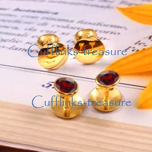 Natural Garnet Gemstone Gold Plated 925 Sterling Silver Tuxedo Buttons  Set #59 - Picture 1 of 7