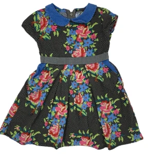 Persnickety Girls 3T 3 Years Black Floral Pleated Dress with Denim Collar - Picture 1 of 6