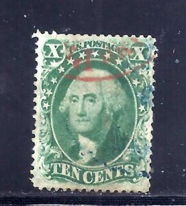 US Stamp - #33 - USED - 10 cent Washington type III  Issue- CV $225 - red cancel