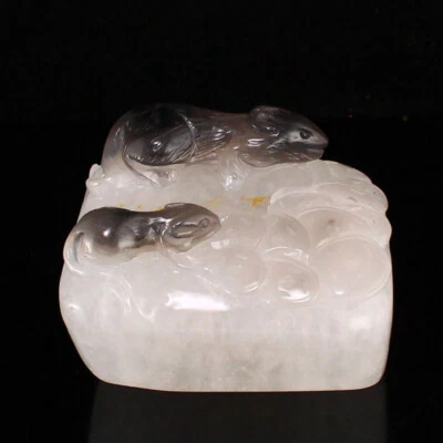 Beautiful White & Gray Agate Carved Mouse & Coin Seal w Certificate - Image 1 of 4