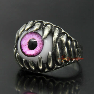 Anillo globo ocular ojo calavera diablo malvado garra dragón de acero inoxidable verde/púrpura para hombre Foto 1 de 4
