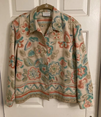 Size 18P Worthington Blazer Suit Coat Green Orange Tan Splotchy Long/SL Sequins - Image 1 of 4