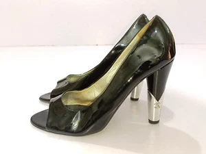 CHANEL BLACK PATENT LEATHER CC LOGO HEELS PEEP TOE PUMPS SIZE, EU39.5, US8.5, - Picture 1 of 24