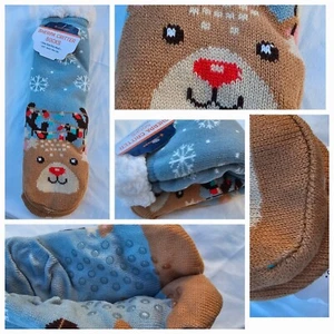 Sherpa Lined Non-Slip Slipper Socks Reindeer Christmas Slippers One Size New - Picture 1 of 6