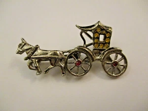 Vintage Carriage Buggy Horse Silver Tone Brooch Pin Red Yellow Rhinestone Pave - Picture 1 of 3