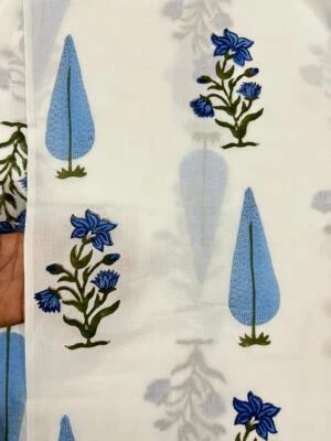 Indian Hand Block Printed Cotton Fabric Blue Floral Craft Voile fabric By 5 Yard - Image 1 of 4
