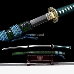 T10 SteelClay Tempered Japanese Katana Full Tang Brass Tsuba Samurai Sword Green - Picture 1 of 10