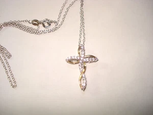 925 Sterling Silver/Gold CZ? Cross Pendant Necklace - Picture 1 of 5