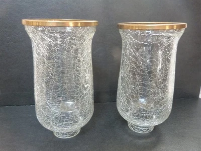 VTG Clear Crackle Glass Hurricane Candle Lamp Shades Removeable Brass Ring 6.75" - Image 1 of 4