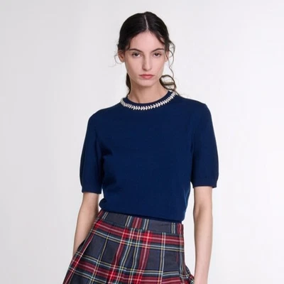 CASHMERE Sweater Top Short Sleeve Blouse Rhinestone Embellished Neckline Black - Image 1 of 4