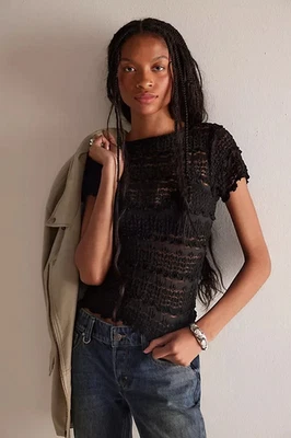 Blusa Top Free People Angelina Encaje Fp Una Malla Rayas Manga Corta Nueva con Etiquetas XL Foto 1 de 4