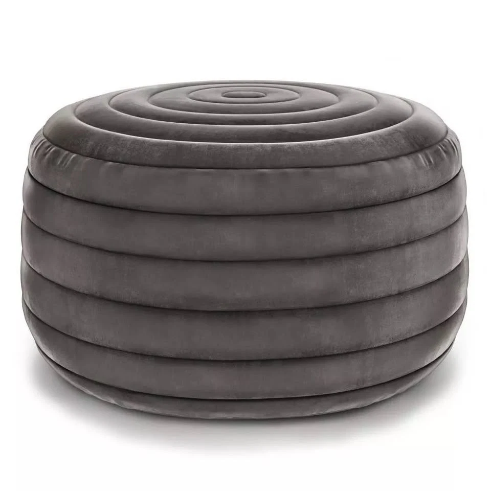 Simpli Home Vivienne Velvet Cotton Upholstered Round Ottoman Pouf in Gray