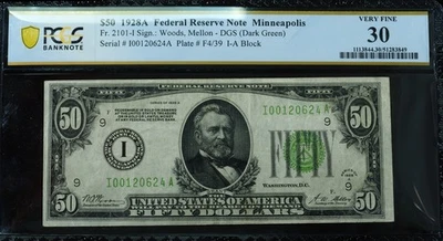 1928 $50 Federal Reserve Note Minneapolis VF PCGS - Image 1 of 3
