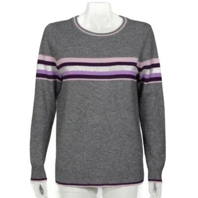 Suéter de cuello redondo a rayas gris cachemir 100 % Charter Club para mujer talla M/626 Foto 1 de 4