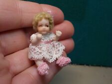 ADORABLE MINIATURE PORCELAIN BABY CURLY BLONDE HAIR PINK /WHITE DRESS & BOOTIES