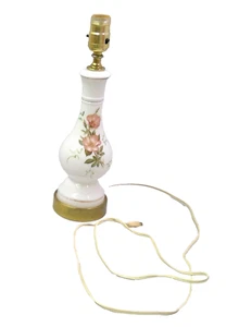 Vintage Hand Painted White Glass Table Lamp Roses Corded Flowers Works 14⅜" H - Picture 1 of 18