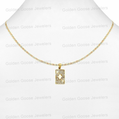 Ciondolo Charm Carte da Gioco Asso Poker Zirconi Oro Giallo 14KT Catena Valentino