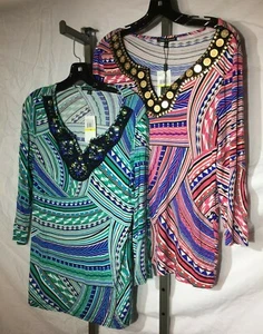 Lote de 2 camisas medianas blusa con cuentas por cable y calibre azul verde y rosa azul - Imagen 1 de 8