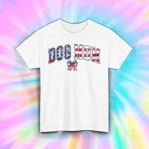 Dog Mom Shirt Patriotic Bow USA Flag Pet Lover Graphic Tee S-5XL - Picture 1 of 13
