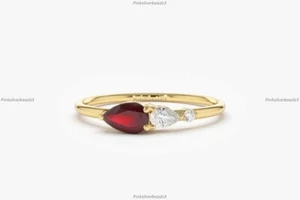 Ruby Diamond Tear Drop Band Anniversary Engagement Ring For Girls 14k Gold - Picture 1 of 7