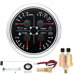 85MM 4 IN 1 Multifunction Gauge Fuel Level Oil Pressure Water Temp Volt w/Sensor - Picture 1 of 16