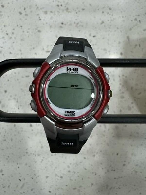 Timex 1440 Sports Wristwatch Silver Tone Black Buckle Band Wr 50m Silver Red - Image 1 of 3
