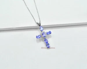 Collar colgante cruz plata esterlina 925 piedras preciosas de tanzanita natural de 6x4 mm - Imagen 1 de 10