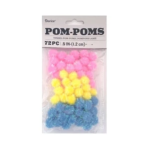 Baby Tinsel Pom Poms - Blue, Yellow, and Pink - 1/2 Inch - 72 Pcs (dar115507) - Picture 1 of 1
