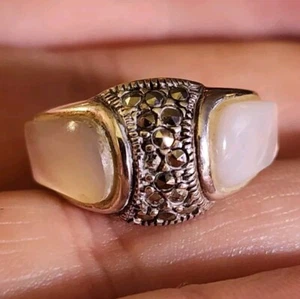 Size 5.75, VTG Moonstone Marcasite Gemstone 925 Sterling Silver Ring Marked  - Picture 1 of 9