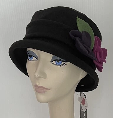 NWT Parkhurst WOOL Gardenia Cloche Hat • Style 25923 BLACK • PACKABLE - Image 1 of 3
