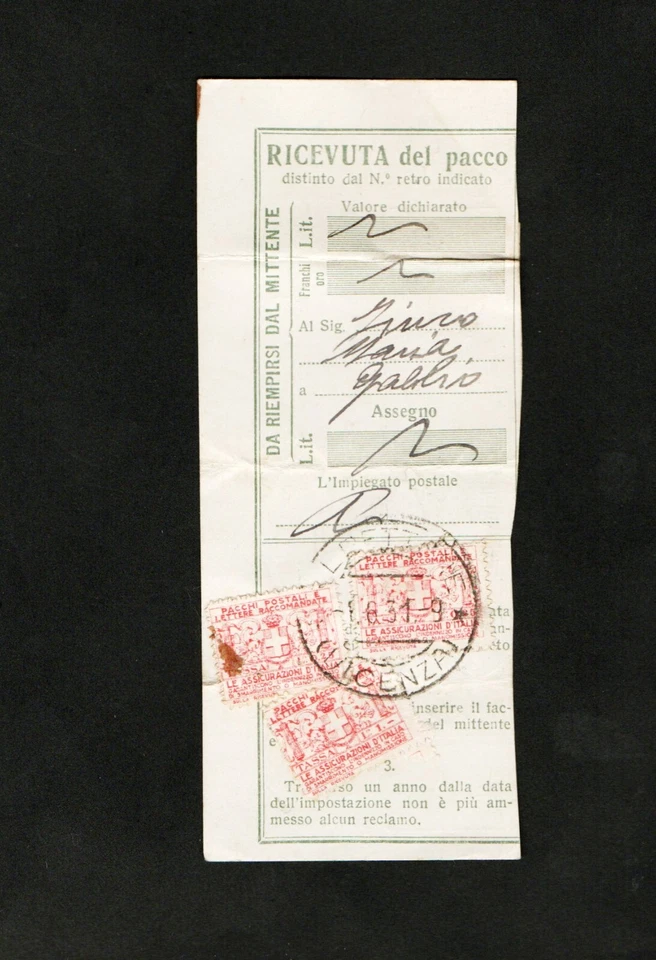 RICEVUTA DI PACCO POSTALE DEL  1-06-1931 - AFFRANCATA CON ASSICURATIVI DA 2(X) - Immagine 1 di 3