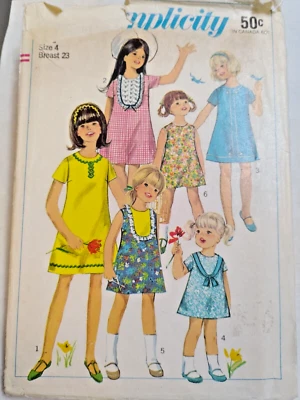 Bib Dress Tent A Line Girls 4 4T Simplicity 6905 Sewing Pattern Cut VTG Short - Image 1 of 4