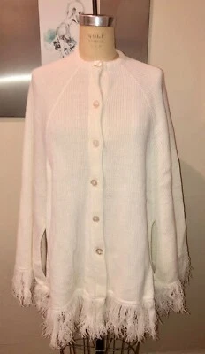 VTG 60'S-7'S BOHO HIPPIE*OFF WHITE FRINGE CAPE PONCHO BUTTON CARDIGAN SWEATER*M - Image 1 of 4