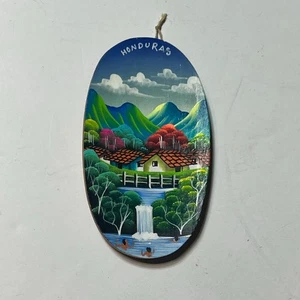 Hand-Painted Honduras Village Waterfall Folk Art Wood Plaque 6″ Wall Décor - Picture 1 of 10