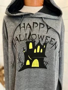 Happy Halloween Hoodie Adult Charcoal Gray Haunted House Spooky Sweatshirt NEW - Picture 1 of 2
