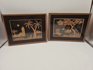 Lot (2) Mini Vintage Cork Pictures Framed Tropical Sunset Boat Ship Scenes - Picture 1 of 10