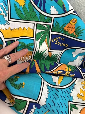 59X66 Vtg EXOTIC SOUND Jungle Surf POPART Tiger PRINT Blue Hawaiian Quilt Fabric - Image 1 of 4